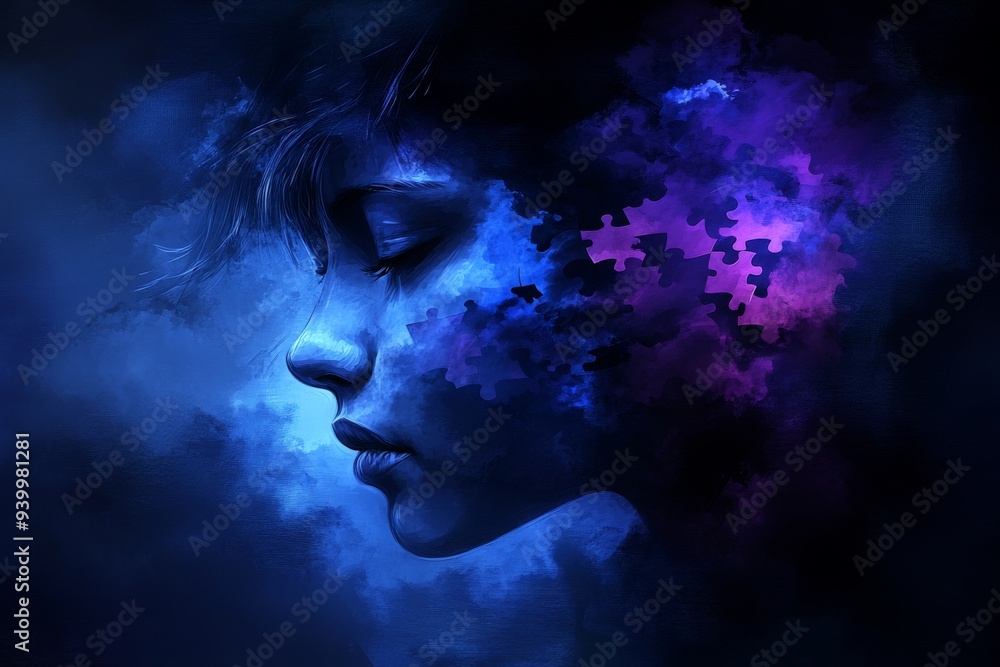 Poster surreal profile of woman dissolving into blue and purple puzzle pieces symbolizing fragmentation of 