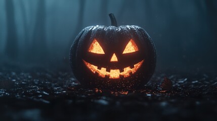 Naklejka premium Spooky Jack o Lantern In A Foggy Forest At Night