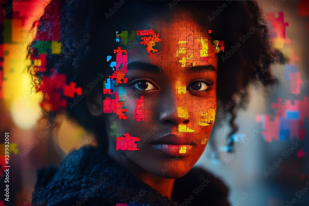Aufkleber vibrant portrait of a woman with digital puzzle pieces symbolizing the intersection of thought techn