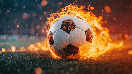 Naklejka premium Burning Passion for the Beautiful Game: A soccer ball engulfed in fierce flames ignites the night, embodying the intense passion and drive for victory. 