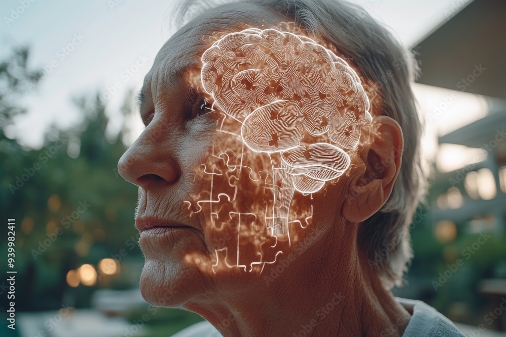 Aufkleber close up profile of an elderly woman with a glowing brain symbolizing the enduring strength of thoug