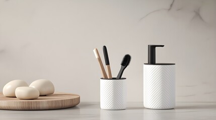 Naklejka premium Modern brush holder with sleek, smart design, adorned with elegant geometric patterns. Features a minimalist, space-saving structure perfect for stylish kitchens