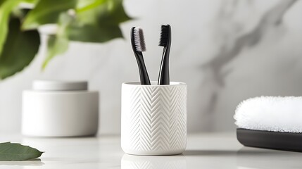 Naklejka premium Modern ceramic brush holder with intricate patterns, perfect for minimalistic spaces, combining style and functionality for compact storage