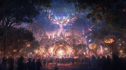 Obraz premium Halloween Night Celebration with Jack O Lanterns and Castle in the Background