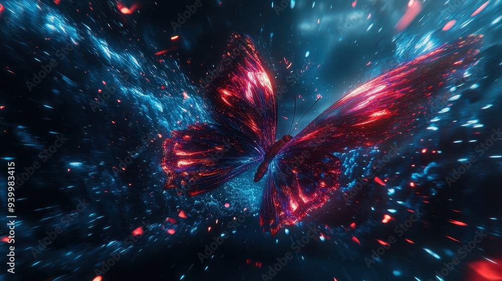 Poster Abstract Butterfly with Red and Blue Lights in Motion Blur