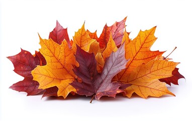 Fototapeta premium Pile of autumn colored leaves isolated on white background