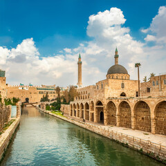 Naklejka premium A Turkish-style city with mosques and a river running through it