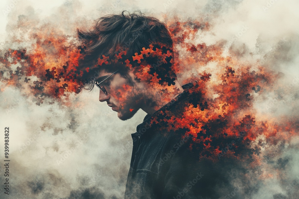 Poster surreal image of a man with a cloud of red particles emanating from his head depicting creative thou