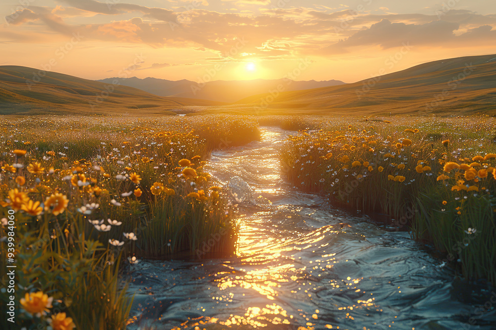 Poster sunset over a stream in a meadow