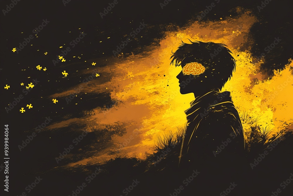 Aufkleber silhouette of a man with a yellow and black background symbolizing mystery and inner strength with a