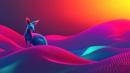 Neon Desert Landscape with Kangaroo Silhouette