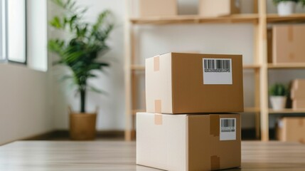 Home based Small Enterprise Integrating QR Codes and Online Sales for Efficient Logistics and Inventory Management  Modern and Minimalist Packaging and Delivery Concept with Copy Space