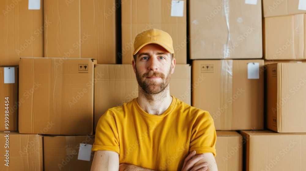 Poster confident small business owner surrounded by neatly packed and labeled boxes prepared for efficient 