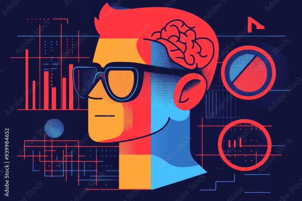 Poster colorful vector illustration of a man with glasses and brain graphics symbolizing analysis and intel