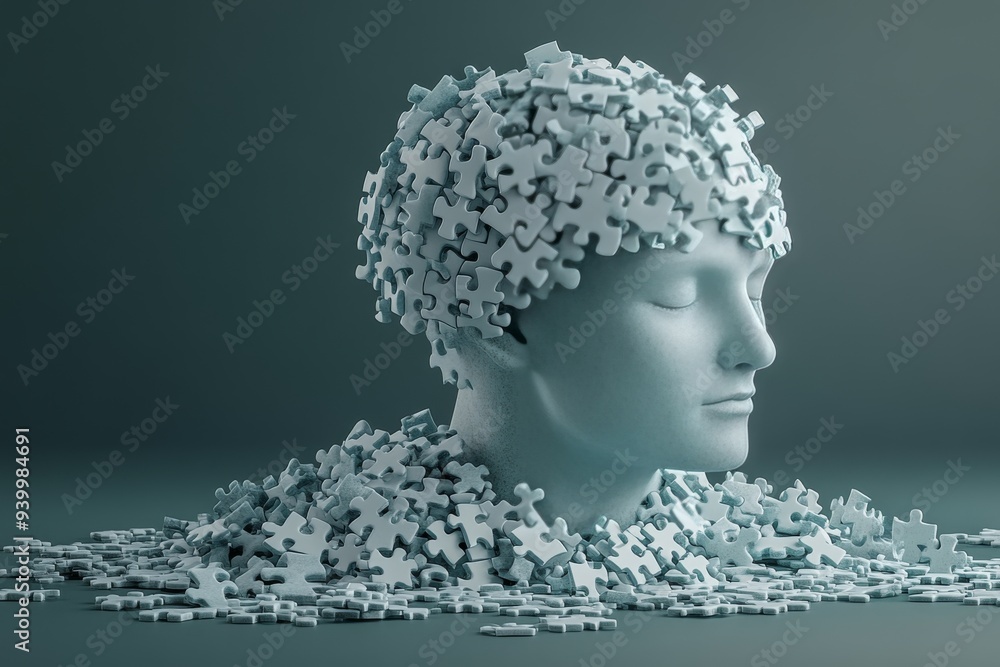 Poster abstract sculpture of a human head made entirely of white puzzle pieces symbolizing mental challenge
