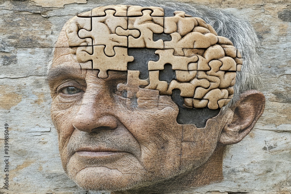 Poster portrait of an elderly man with puzzle pieces missing from his head symbolizing memory loss or cogni