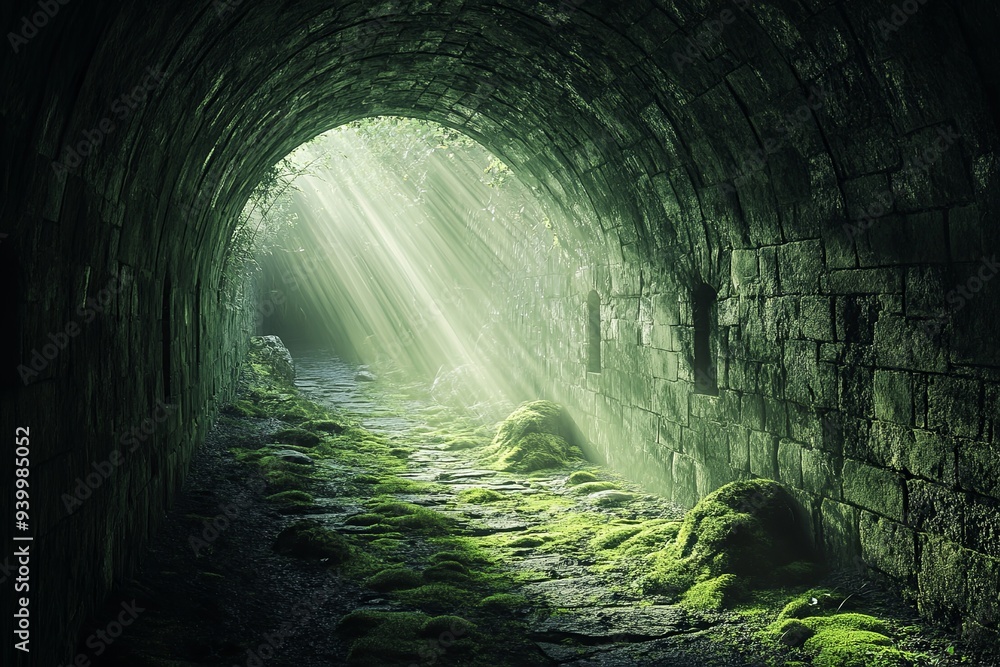Poster a tranquil pathway is illuminated by soft light as it meanders through a moss-covered stone tunnel i