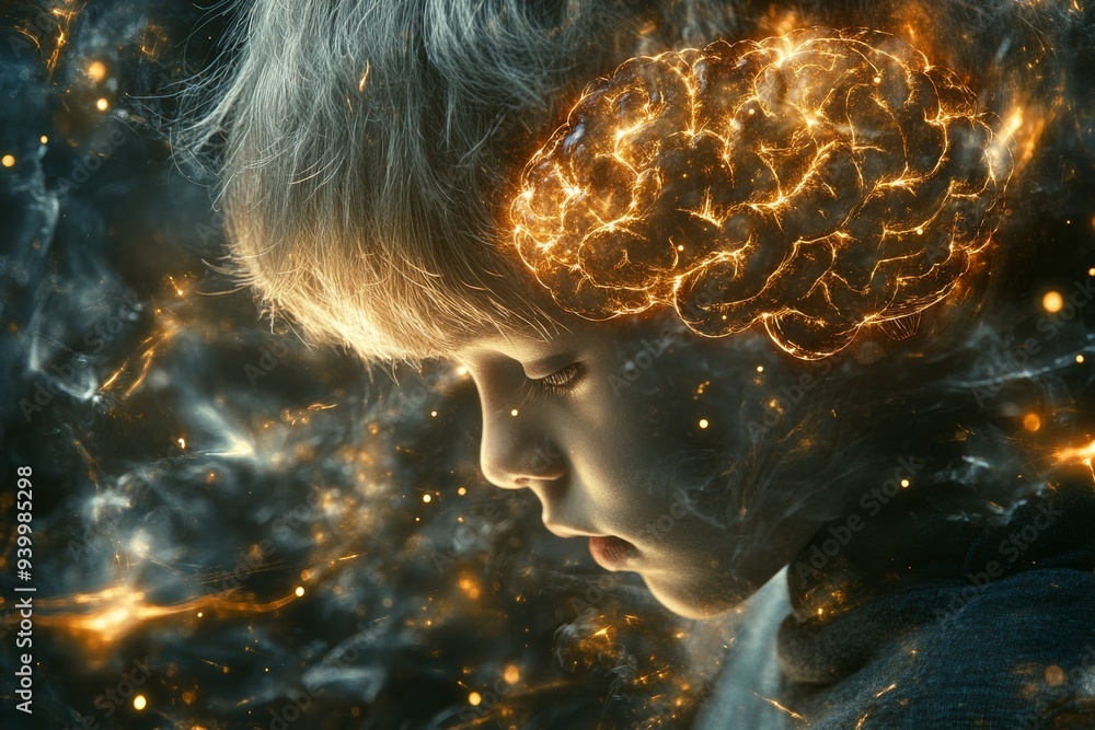 Poster surreal image of a child with an illuminated brain surrounded by a cosmic cloud symbolizing imaginat