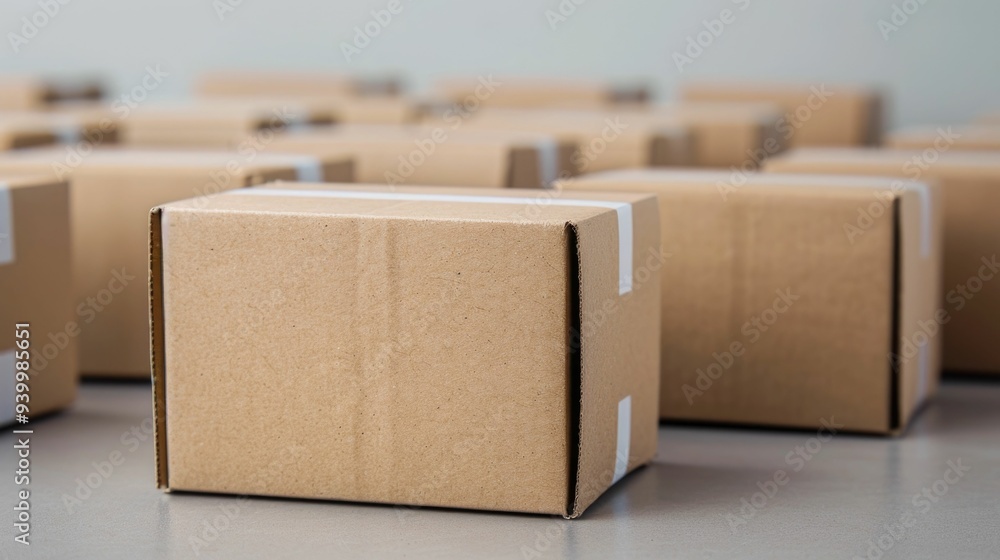Poster branded cardboard boxes being carefully packed and prepared for online sales and product delivery wi