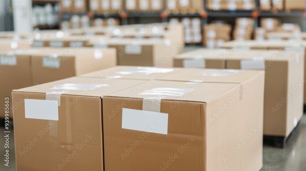 Poster branded cardboard boxes packed and sealed with branded stickers ready for online sales and enhanced 
