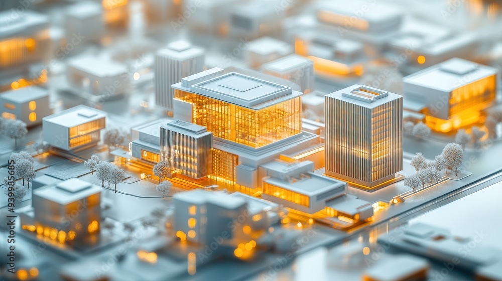 Aufkleber modern architecture cityscape model with illuminated buildings and trees