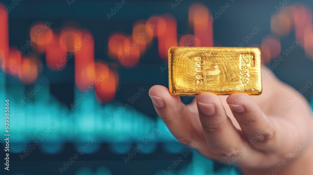 Poster conceptual of a person holding a gold bar with a background of market graphs symbolizing the concept