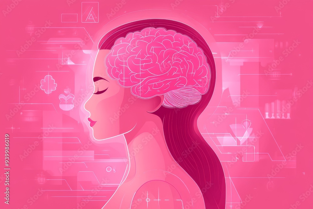 Poster bright pink vector illustration of a woman with brain activity patterns symbolizing modern science m
