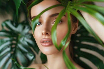 A woman stands next to a plant, showcasing her striking green eyes