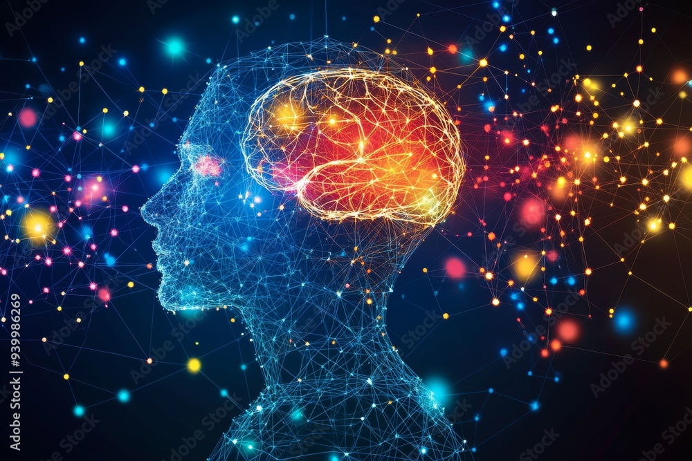 Poster digital illustration of a human silhouette with a glowing brain surrounded by a network of neurons s