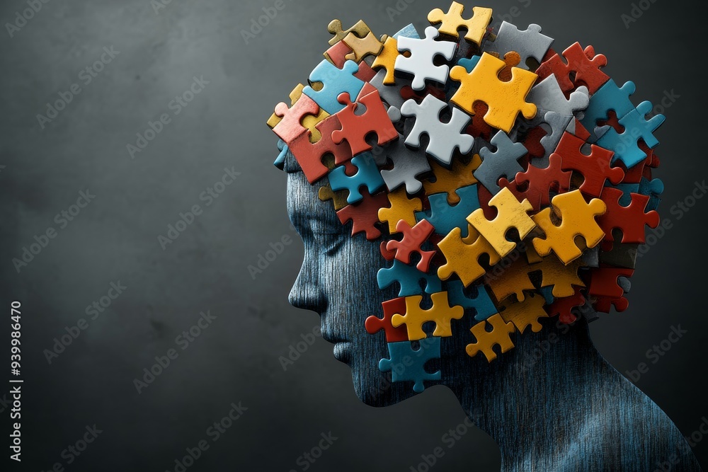 Aufkleber abstract representation of a human head made entirely of colorful puzzle pieces symbolizing cognitiv