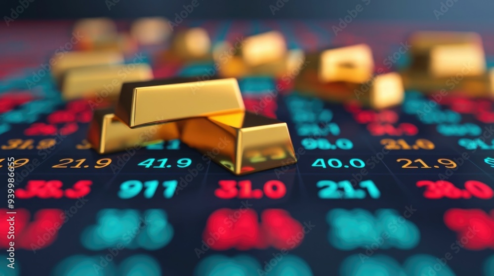 Poster digital display of market tickers and data with gold bars in the foreground symbolizing the assessme