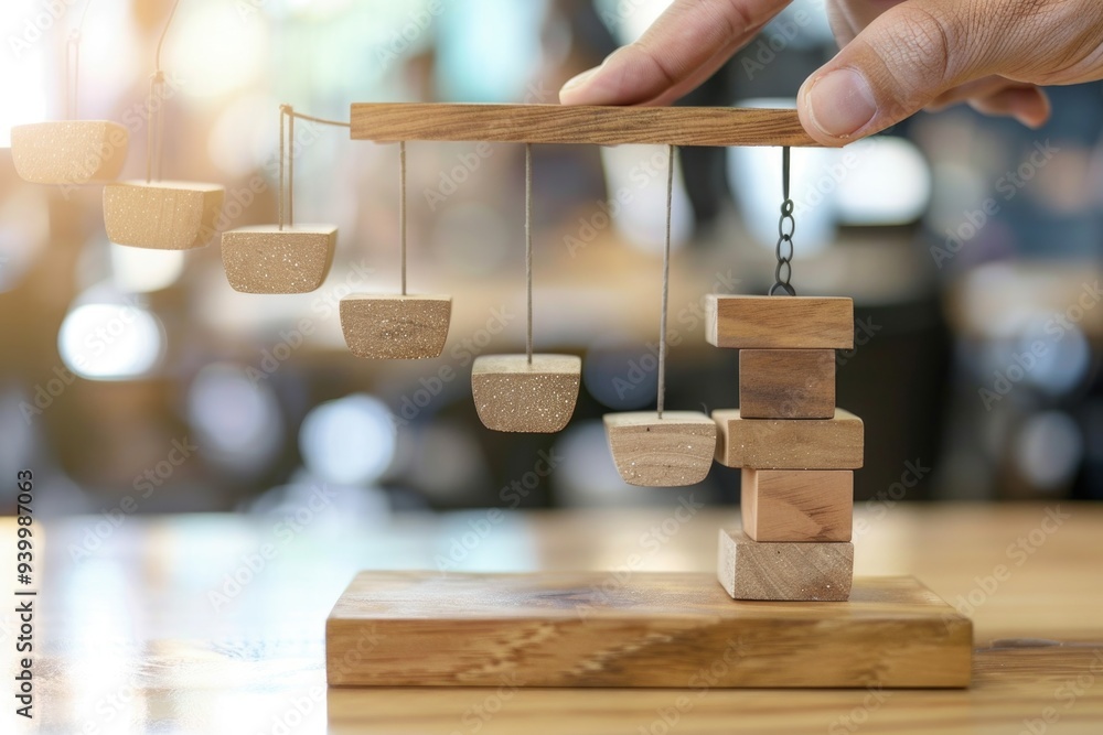 Aufkleber a child plays with wooden blocks on a table, building and creating