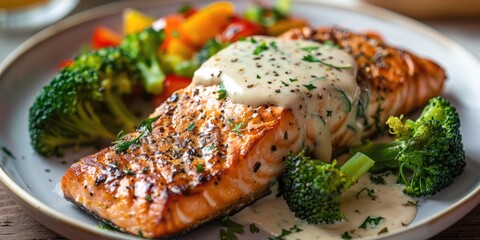 Salmon sautÃƒÂ©ed to perfection, accompanied by a luxurious creamy sauce, served with steamed broccoli and a crisp salad.