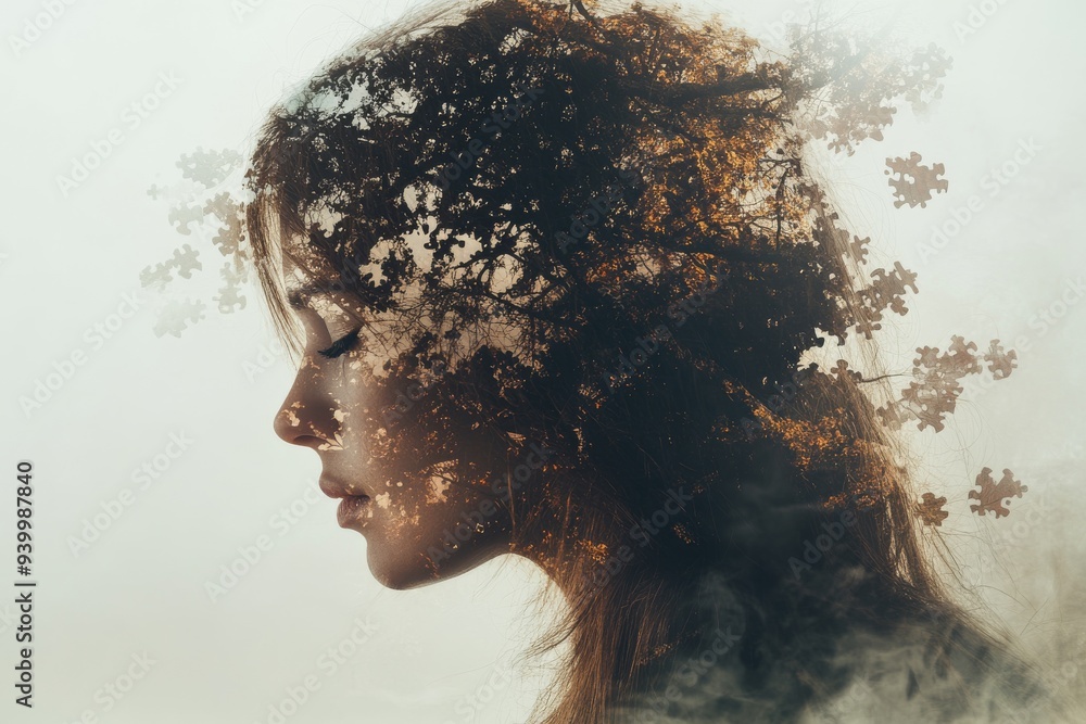 Poster Artistic portrait of a woman with her hair transforming into puzzle pieces symbolizing fragmented identity and the search for self set against a neutral textured background