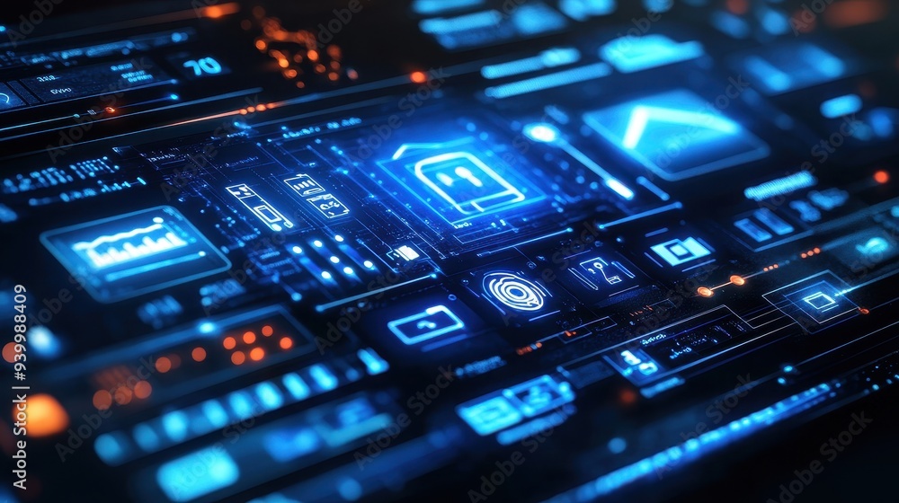 Poster futuristic interface with blue glowing icons and data