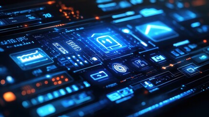 Fototapeta premium Futuristic Interface with Blue Glowing Icons and Data