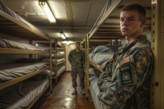 A soldier stands in a room with bunk beds and military equipment, ready for duty