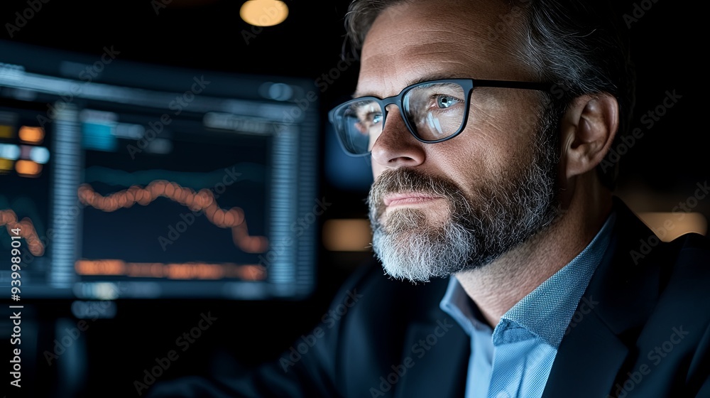 Poster a focused man studies complex financial charts and data on multiple monitors in a dark office, deep 