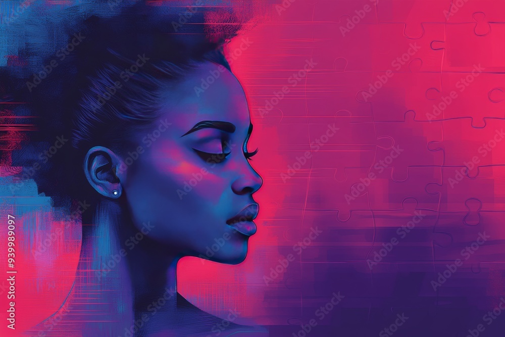Poster futuristic portrait of a woman with neon colored hair and a puzzle patterned face symbolizing identi