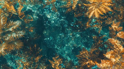 Abstract Tropical Foliage Pattern with Teal and Gold Tones