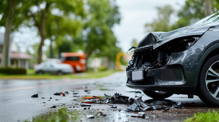 A car with severe front-end damage after an accident, debris scattered on a wet road with blurred background.