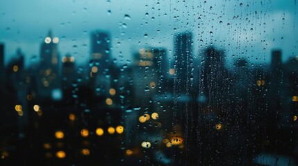Fototapeta premium A close-up of a raindrop-covered window, with the dark city skyline blurred in the background