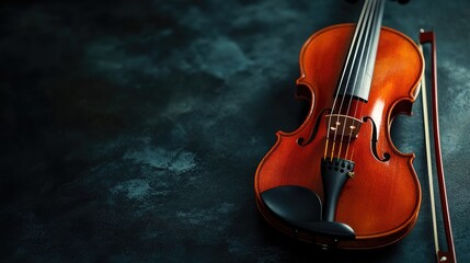 Fototapeta premium A close-up of a violin with a bow, placed on a dark surface