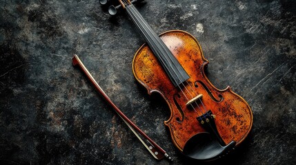 Fototapeta premium A close-up of a violin with a bow, placed on a dark surface