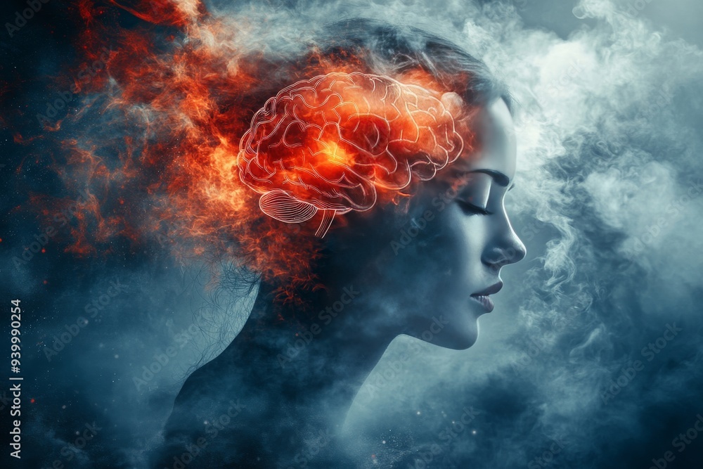 Poster surreal image of a womans profile engulfed in abstract flames symbolizing a fiery mind and creative 