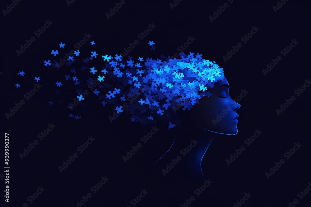 Aufkleber silhouette of a womans head dissolving into a stream of blue particles representing the dispersal of