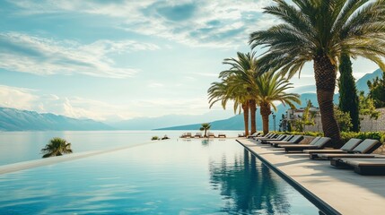 Fototapeta premium Enjoy a stunning infinity pool at a luxury hotel overlooking Makarska's Adriatic Riviera.
