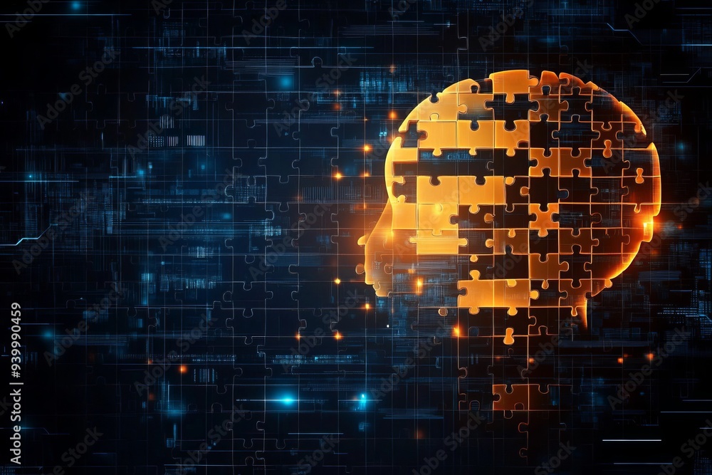 Poster abstract digital art of a pixelated human brain with glowing circuits symbolizing the intersection o