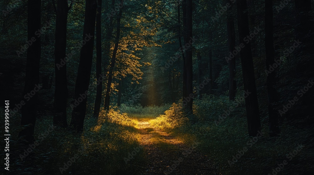 Poster a dark forest with a narrow path illuminated by a single beam of light -