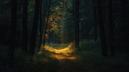 A dark forest with a narrow path illuminated by a single beam of light -